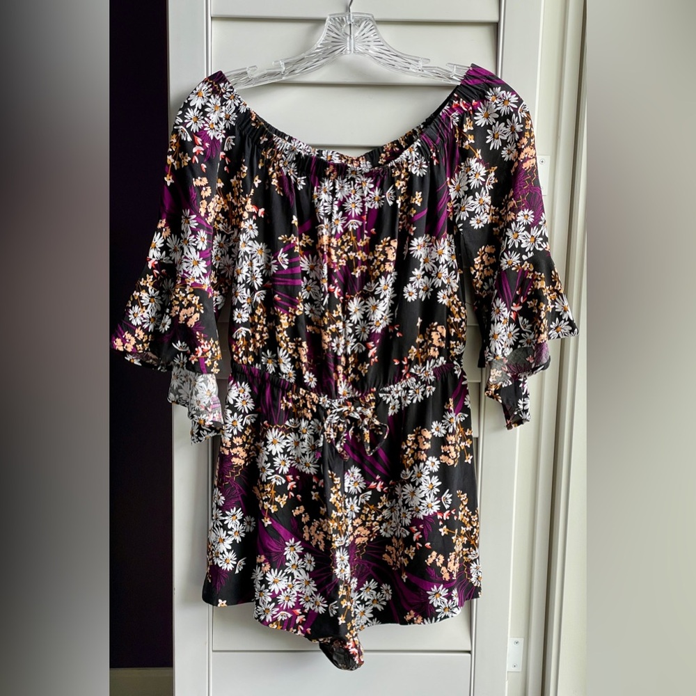 Express Romper, Black Purple, & White Daisy Floral, Size Small